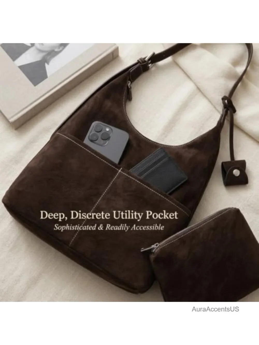 Faux Suede Hobo Bag Adjustable Shoulder Crossbody Purse with Pouch